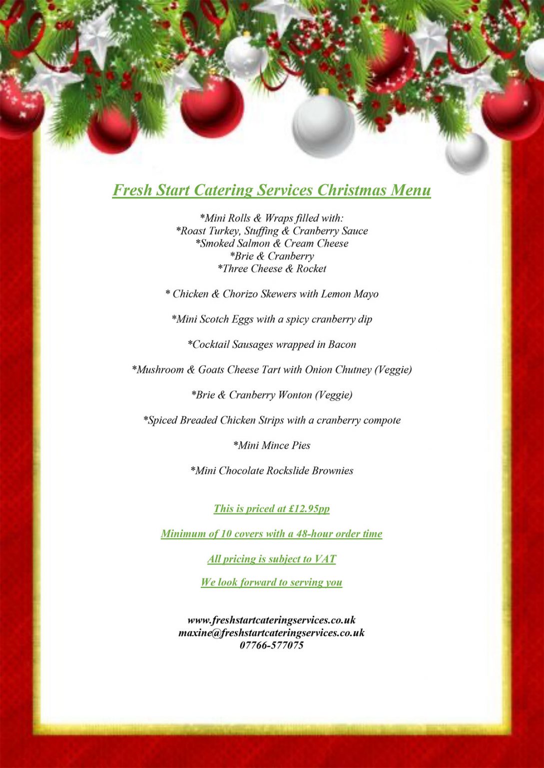 Christmas Menu Fresh Start Corporate & Private Catering